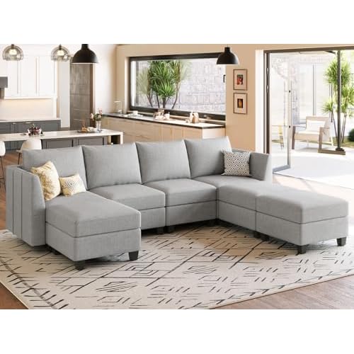 Belffin Modular Sectional Sofa Large Chenille U Shaped Couch with Storage 7 Seat Sectional Sofa with Chaise for Living Room, Light Grey 7 Seat U Shape