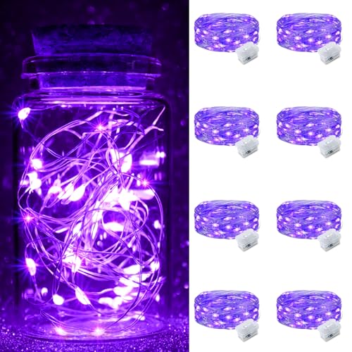 pozzolanas 8 Pack Purple Fairy Lights Battery Operated 3 Modes 7FT 20 LED Waterproof String Lights Twinkle Silver Wire for Mason Jars Wedding Christmas Halloween Party Decor (8 Purple)