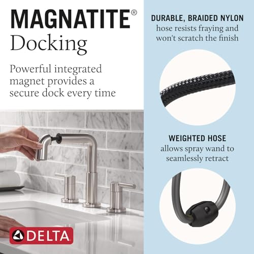 Image of Delta Nicoli Brushed Nickel Bathroom Faucet with Sprayer, 8 Inch 3 Hole Widespread Bathroom Sink Faucet with Pull Out Sprayer, Push-Pop Drain, Stainless 35849LF-SSPD