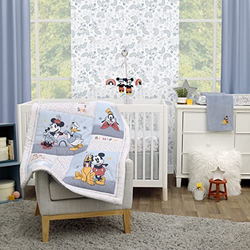 Image of Disney Mickey and Friends Grey, Blue, Gold and Red Mickey Mouse, Minnie Mouse, Donald Duck, Pluto and Goofy 3 Piece Nursery Crib Bedding Set - Comforter, Fitted Crib Sheet and Crib Skirt