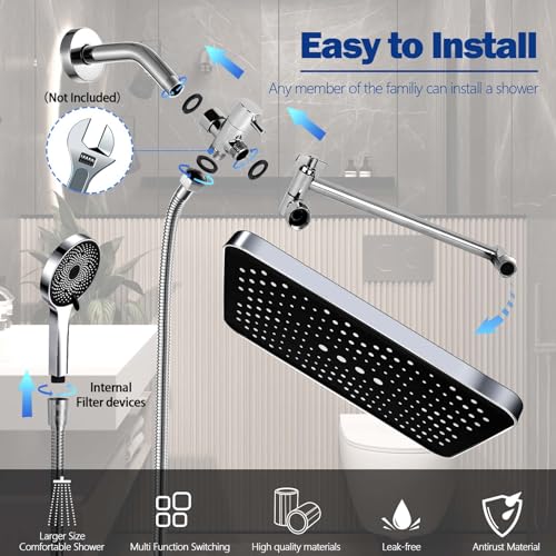 Image of Shower Head,14 inch High Pressure Shower Combo,Rainfall Shower System with Handheld Spray,All Metal 3-Way Diverter & 6ft Hose,Anti-Clog Nozzles,Easy to Install in Bathrooms-Chrome