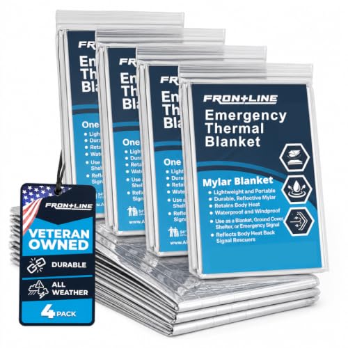 FRONTLINE Mylar Emergency Blankets 54" x 84" | Lightweight Thermal Survival Space Blanket, Waterproof & Windproof Foil Blanket for Camping, Hiking, First Aid & Disaster Preparedness (4)