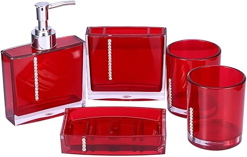 Miniatura 7 de Juego de 5 accesorios de baño acrílicos color rojo, incluye botella de emulsión, soporte para cepillo de dientes, jabonera para el hogar, nuevo
