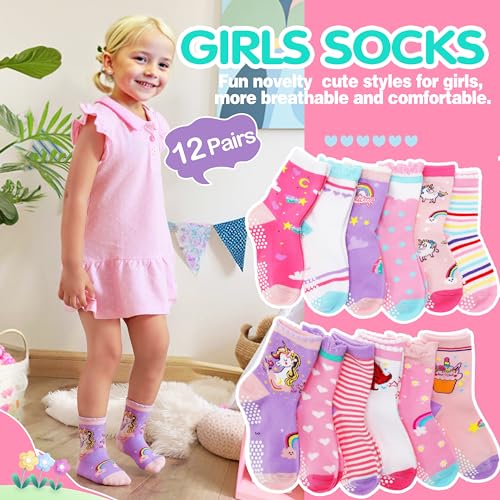 Image of Welwoos Baby Girls Toddlers Grips Socks 12 Pairs Kids Anti Slip Non Skid Animal Funny Cartoon Crew Breathable Cotton Socks