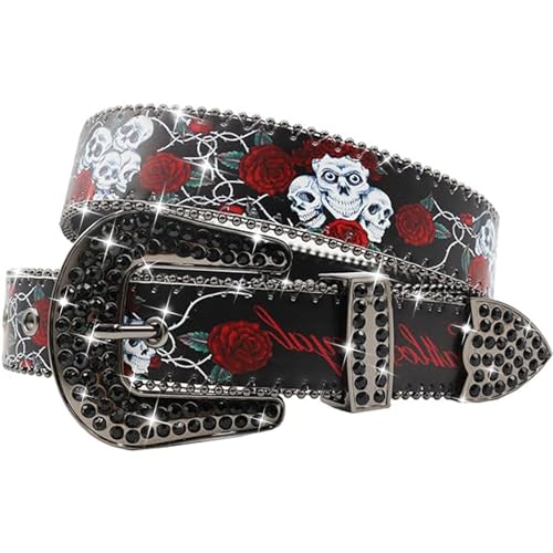 Skull Rhinestone Belt Western Belts for Men Women Y2k Goth Emo Skull Sequin Belt Cowgirl Cowboy Belt