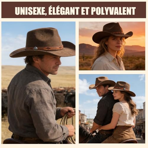 Chapeau de Cowboy pour Femmes et Hommes, Chapeaux Western en Daim, Chapeau Panama, Chapeaux de Cow-Boy à Large Bord, Cow-Girl Western en Daim (Marron) – vue 5