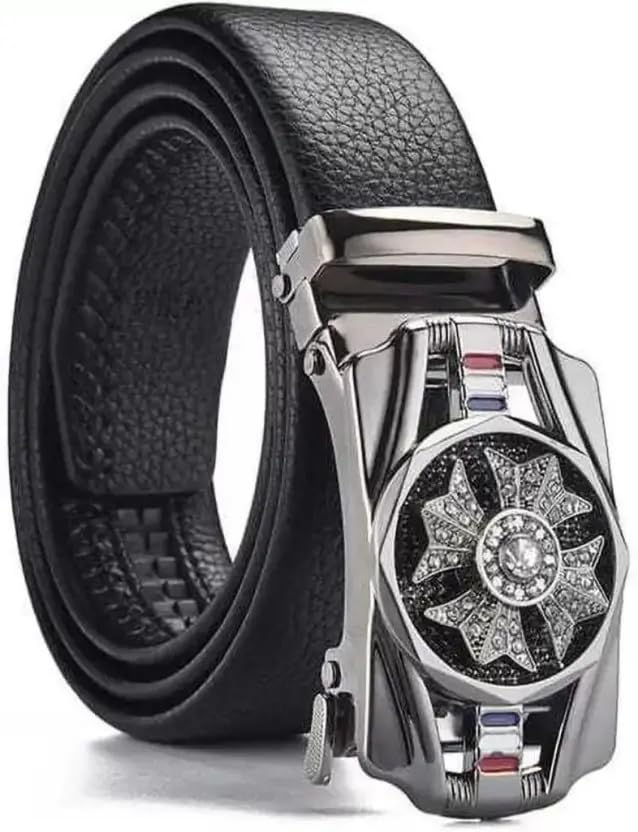 Luxury Men's Leather Belt with Crystal Starburst Automatic Buckle, Black, Genuine Leather, Formal Business Dress Belt-image-39