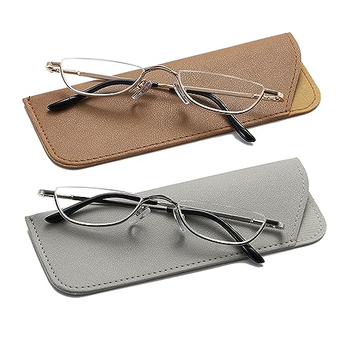 Hubeye 2 works Half Moon Reading Glasses for Women and Men Metal Slim Half Frame Lens Ultra Thin Readers with Spring Hinges and Leather case 1.50 - Image 2