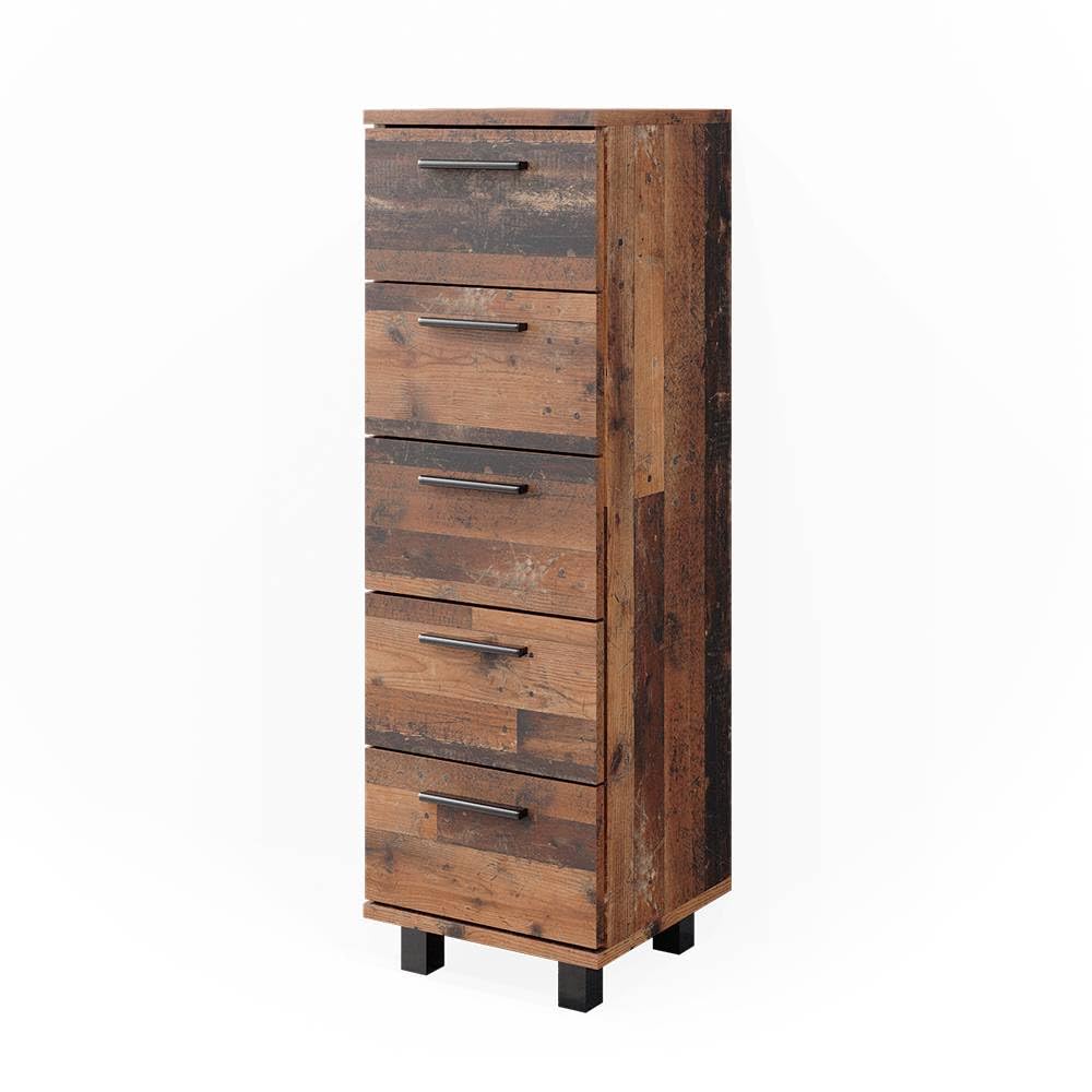 Vicco Meuble Salle de Bain Ilias, Chêne Rustique, 30x95cm avec 5 tiroirs, adapté à la Fixation Murale et Compatible avec la série Ilias
