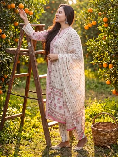 Image of INDO ERA Women's Pure Cotton Floral Printed Beads and Stones Work Kurta & Pant with Dupatta Set (IEAI13104)