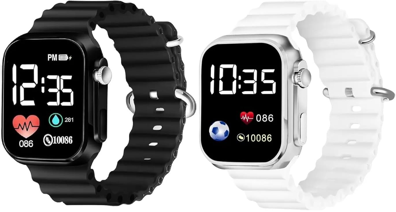 Combo Digital LED Smart Watch for Kids, Square Dial, Waterproof Sports Watch with Birthday Gift for Kids,Boys & Girls Black and White (4-15 Years) Pack of 2 Combo Digital LED Smart Watch for Kids, Square Dial, Waterproof Sports Watch with Birthday Gift for Kids,Boys & Girls Black and White (4-15 Years) Pack of 2