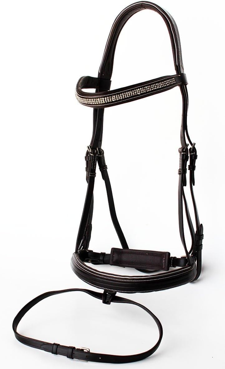 English Bridle Headstall Reins Cowhide Genuine Leather Horse Crossover Crossunder Raised Fancy Stitched Laced All Purpose Jumping Dressage Rubber Crystal Padded Adjustable Browband Full-Cob,M42