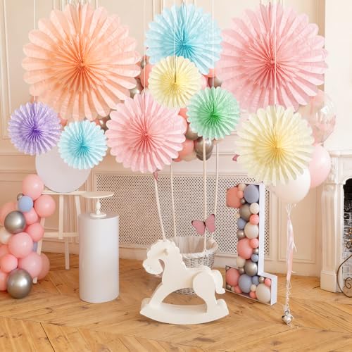 Image of 9PCS Huge Pastel Hanging Paper Fans Decoration Macaron Birthday Party Decorations Rainbow Ice Cream Easter Paper Hanging Decor for Bridal Baby Shower Classroom Home Decor