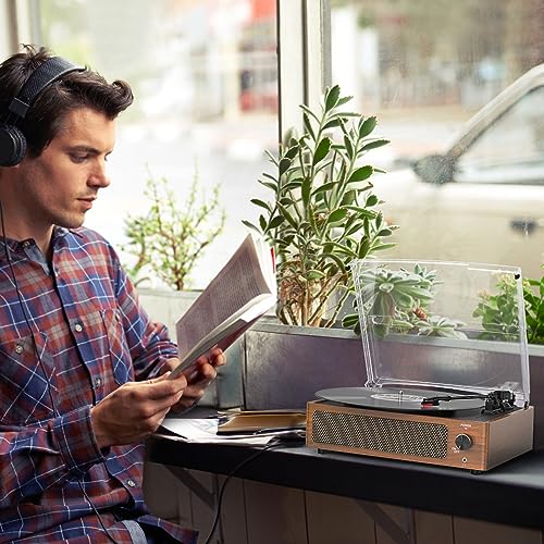 Image of Vintage Record Players for Vinyl with Speakers Belt-Driven Retro Turntable LP Player Support 3-Speed, Bluetooth Playback, AUX-in, Headphone, RCA All-in-one Auto Stop Phonograph Wooden Brown