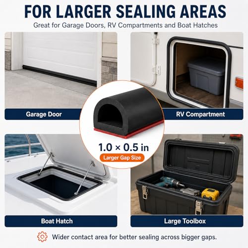 Image of Silicone Weather Stripping Door Seal, 20FT Self Adhesive D-Shaped Weather Strip, 1.0 inch W x 0.5 inch H Rubber Seal Strip for Garage Door, RV Compartment, Boat Hatch, Storage Box and Larger Gap Seal,