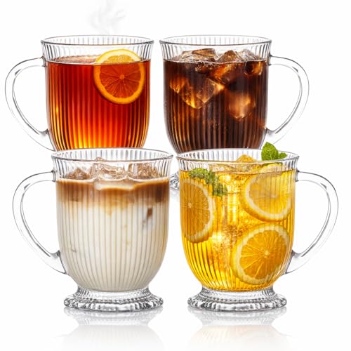 KEMORELA 4er-Set Glas Tassen 480ml mit Henkel, Irische Rillengläser für Heiße & Kalte Getränke, Spülmaschinengeeignet