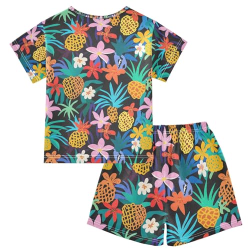 ALAZA Colorful Flower Pineapple Pajamas Set Short Sleeve Cotton Sleepwear Summer Pjs 2 Piece 5-14Y2