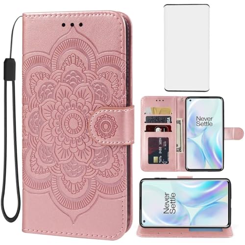 Étui portefeuille OnePlus 8 or rose rabat cuir et verre trempé