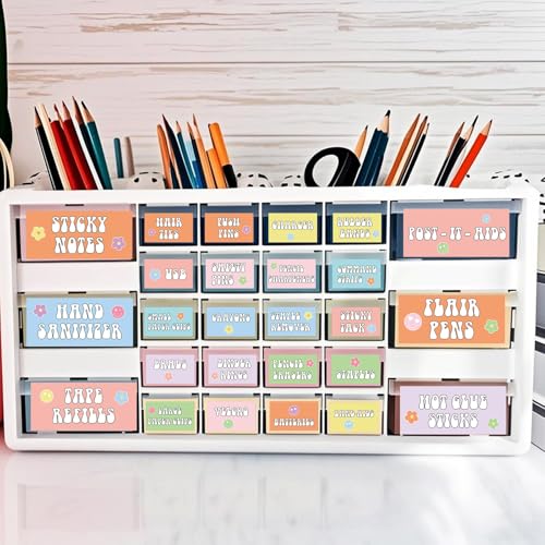 54Pcs Teacher Toolbox Labels Classroom Decoration Self-AdhesiveSmile Face Toolbox Sticker Pastel Tool Box Storage Decal Boho Groovy Retro Organizer Container Decor for Back to School Teacher Supplies