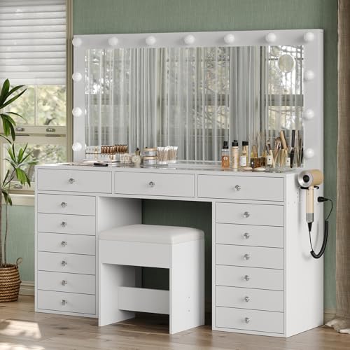 FUSOU 55" W Vanity Desk with Mirror and Lights, 15