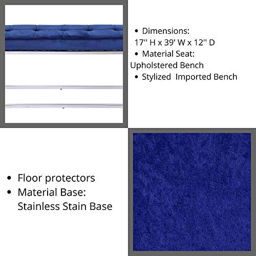 Blue Velvet Upholstered Bench Ottoman, Entry Bench, Living Room Bench, Dining Room Bench with Stainless Steel Base, Modern Hallway Accent Seating Furniture by Plata Import - Used condition - Image 5