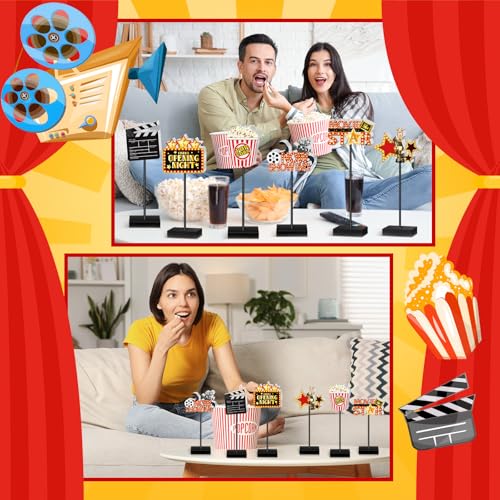 Image of Briwooody 6 Pcs Movie Night Wooden Sign Set Movie Party Decorations Star Video Props Table Centerpiece Tall Standing Sign Popcorn Tabletop Decor for Birthday Night Party Supplies Home Decorations
