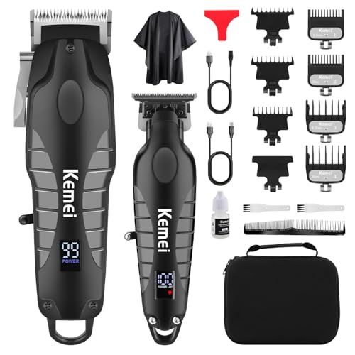 KEMEI Cortapelos profesional para hombres, juego completo de cortadora de peluquería inalámbrica con cuchilla en T, kit completo de corte de pelo eléctrico con 7 guías, cuerpo de metal, recargable