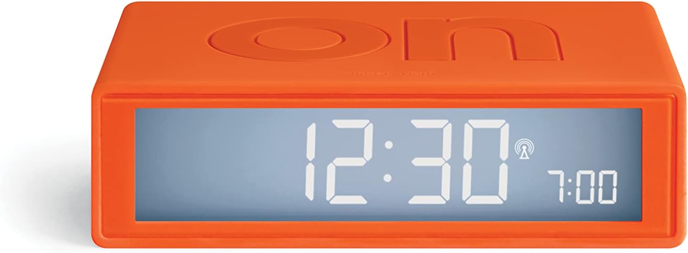 Lexon Flip+ Digital Alarm Clock for bedrooms, Reversible On/Off Faces with Snooze Function, LCD Display & Touch Sensor Light, Battery Operated, Rubber - Orange
