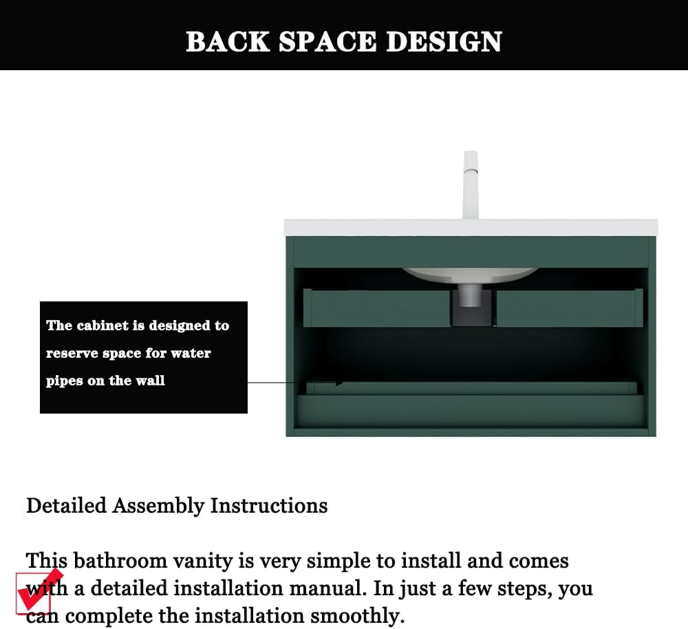 36" Floating Bathroom Vanity with Sink, High Gloss Single Sink Wall Mounted Bathroom Storage Vanity Cabinet, Modern Bathroom Sink Cabinet with 2 Drawers - Havana, Green