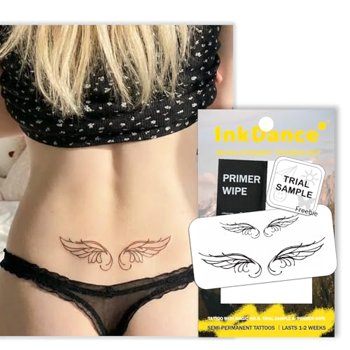 InkDance Semi-Permanent Tattoo, Lowerback Flow Wings, Long Lasting Temporary Tattoos for Women, Waterproof Plant-Based Ink, Lasts 1-2 Weeks, Color Develops in 24 Hours D263, Set of 2