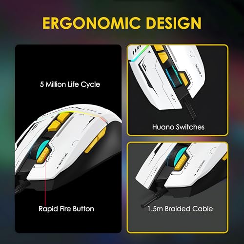 Image of Ant Ghost 50 RGB Gaming Mouse with12800 DPI Wired Optical Gamer Mouse with 8 Programmable Buttons & Software Support DIY Key Binding Fast Fire Button 1KHz Polling Rate - White