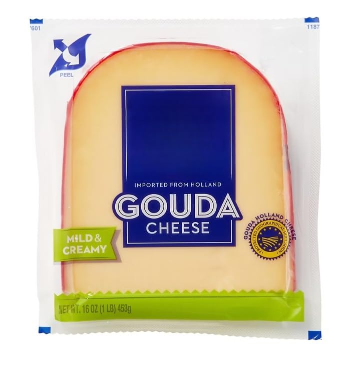 Gouda Cheese is an award winning and beloved cheese. Imported from the Netherlands this young cheese carries over the rooted traditions of Dutch cheesemaking. Made with whole milk, it has a rich, buttery and slightly sweet flavor. It slices, shreds, and melts very well. It is excellent on a cheeseboard, in a casserole, as a topping or used in sauces and soups. [ 16 oz , 1 lb ]