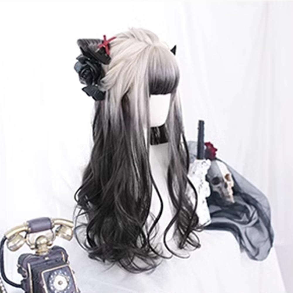 Women Long Curly Wig Gray White Gradient Black Wig Gothic Lolita Wigs Heat Resistant Natural Looking Wigs for Daily Party 25in