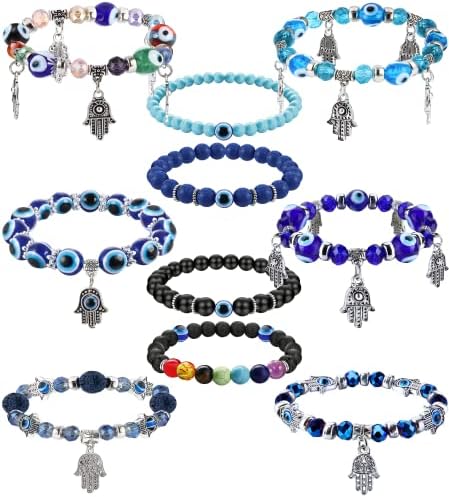 Kakonia 10pcs Evil Eye Bracelet for Women Men Hamsa Blue Evil Eye Beaded Charm Stretch Bracelet Hand of Fatima Turkish Protection Bracelet Chakra Evil Eye Jewellery Gift