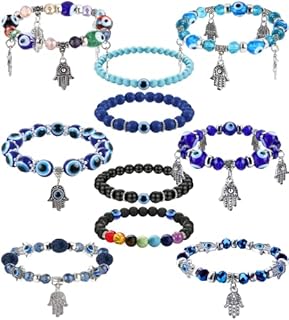 Kakonia 10pcs Evil Eye Bracelet for Women Men Hamsa Blue Evil Eye Beaded Charm Stretch Bracelet Hand of Fatima Turkish Protection Bracelet Chakra Evil Eye Jewellery Gift