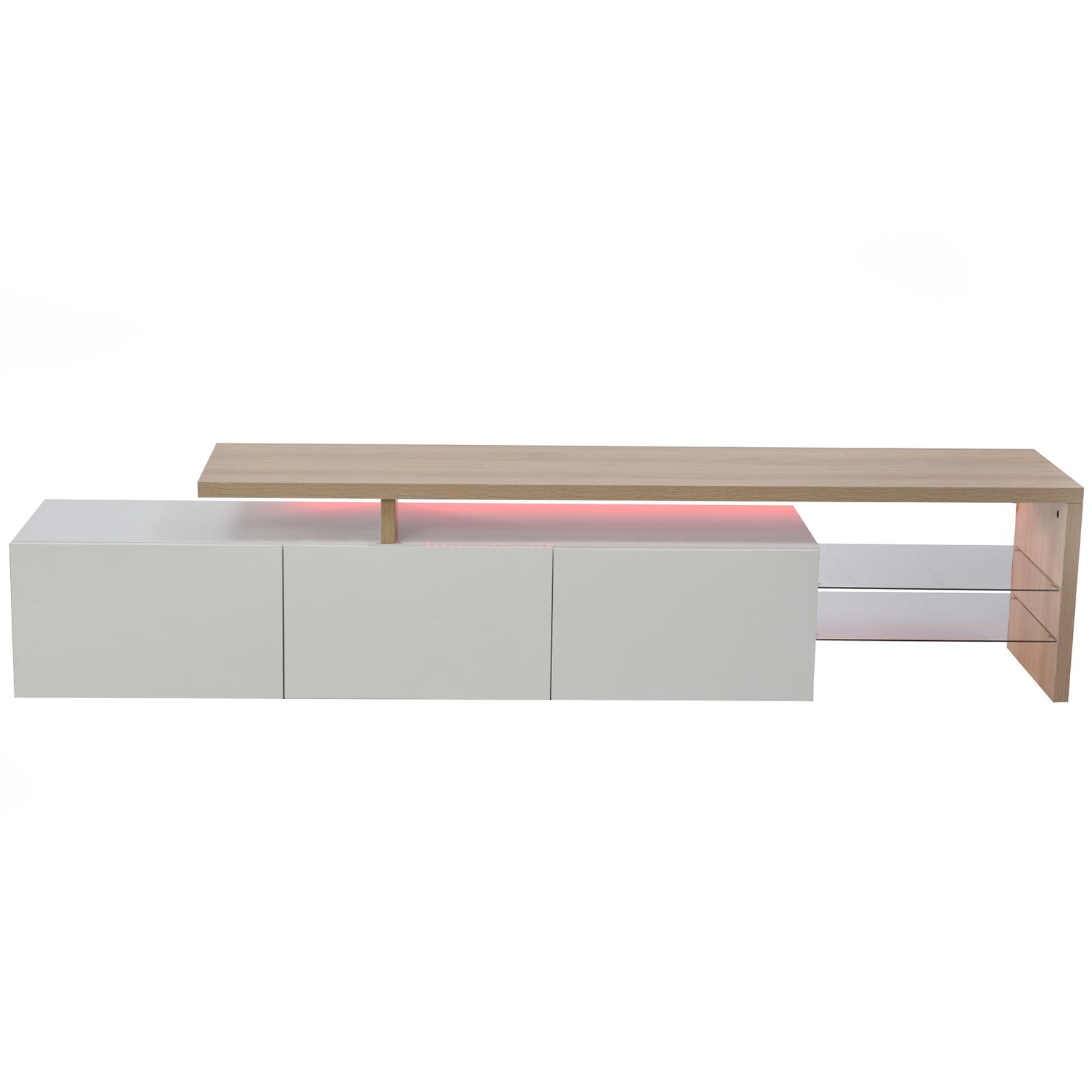 BestAlice Mueble de TV LED moderno de madera y blanco con luces LED variables, mueble TV de 200 cm con almacenamiento brillante, 3 puertas y estantes de cristal para sala de estar