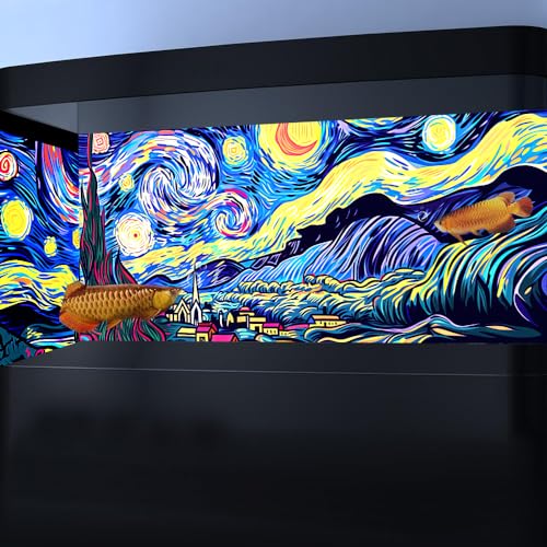 Dtekoj 48X24IN Blacklight Vincent Van Gogh Black Light Aquarium Background, UV Fish Tank Background Art Star Oil Painting Terrarium Background with 10 EVA Double-Sided Tape