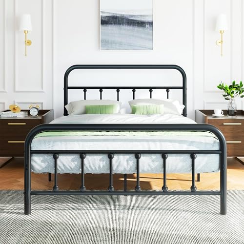 Shintenchi Full Size Metal Platform Bed Frame with Headboard & Footboard Steel Slat Mattress Foundation Under Bed Storage Noise-Free No Box Spring Needed Black Round