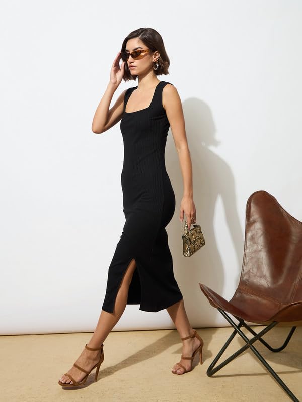 Image of barcino Black Rib Square Neck Sleeveless Midi Dress