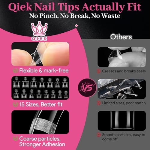 Image of Short Square Half Cover Nail Tips 510 Pcs Clear 15 Sizes | No-file pre-buffed half cover clear tips with half sizes and thin back design for DIY nail extensions.