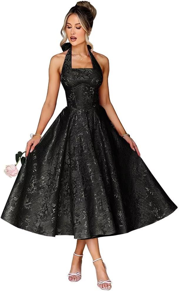 Changuan Jacquard Satin Prom Dresse for Women 2026 Halter Midi A-line Formal Evening Party Ball Gowns with Pockets