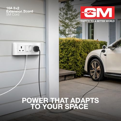 Image of GM Cuba 16A 2+2 Extension Board with 5Mtr Extension Cord, Heavy-Duty Power Strip with Dual 20A Switches, 16A 3-Pin Plug, for High-Power Appliances, Home, Kitchen & Office Use, White