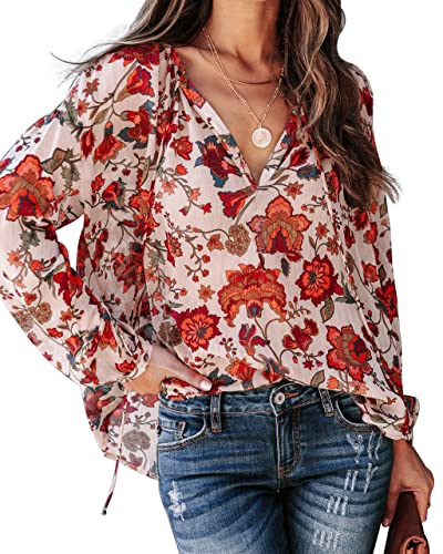 Mlebr Womens Blouses Spring Loose V Neck Long Sleeve Flower Floral Peasant Blouses Tops Shirts Ladies Summer Blouses Xx-Large #TOP1