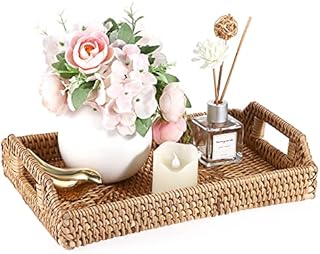 Sumnacon Rectangule Rattan Woven Serving Tray Decorative Display Tray Storage Platters with Handle Table Desktop Organiser Tray for coffer,Drink,Breakfast,Tea,Candle