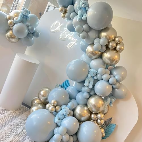 Image of Dusty Blue Balloons, Dusty Blue and Gold Balloons, Baby Shower Balloon Fog Cream Ivory White Champagne Gold Balloon for Boho Birthday Boys Girls Party Wedding Bridal Shower Decorations
