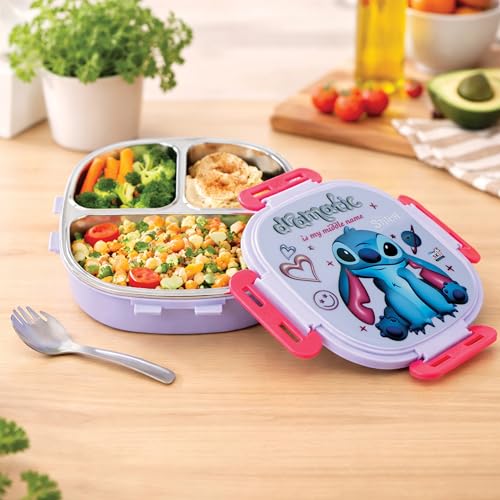 Image of SKI Baker Steel Lunch Box for Kids, 3 Compartment Insulated School Tiffin with Spoon, Leak-Proof, BPA Free, Bento Box for Boys & Girls, Birthday Gifts, Party Favours - Stitch