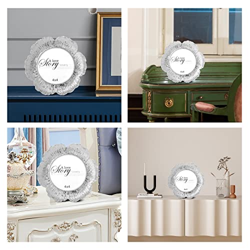Swthony Round Floral Silver Picture Frame, 4X4 Circular Flower Shaped Photo Frame With High Definition Glass Front For Tabletop, Home Decor, Wedding, Graduation #TOP5