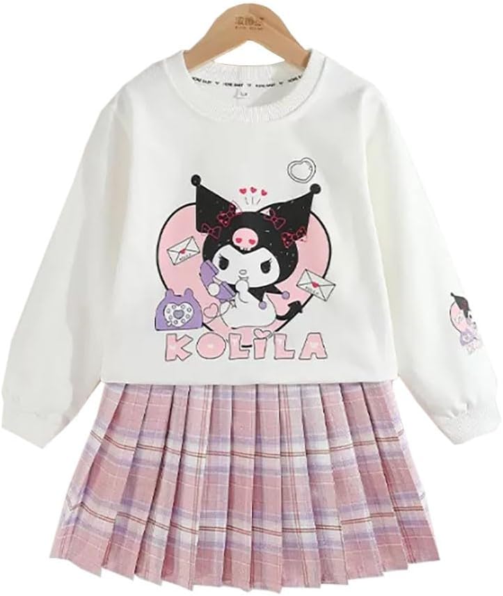 Girls 3 Piece Outfits Cartoon Crewneck Long Sleeve Pullover Sweatshirt + Plaid Pleated Mini Skirt + Bag Sets