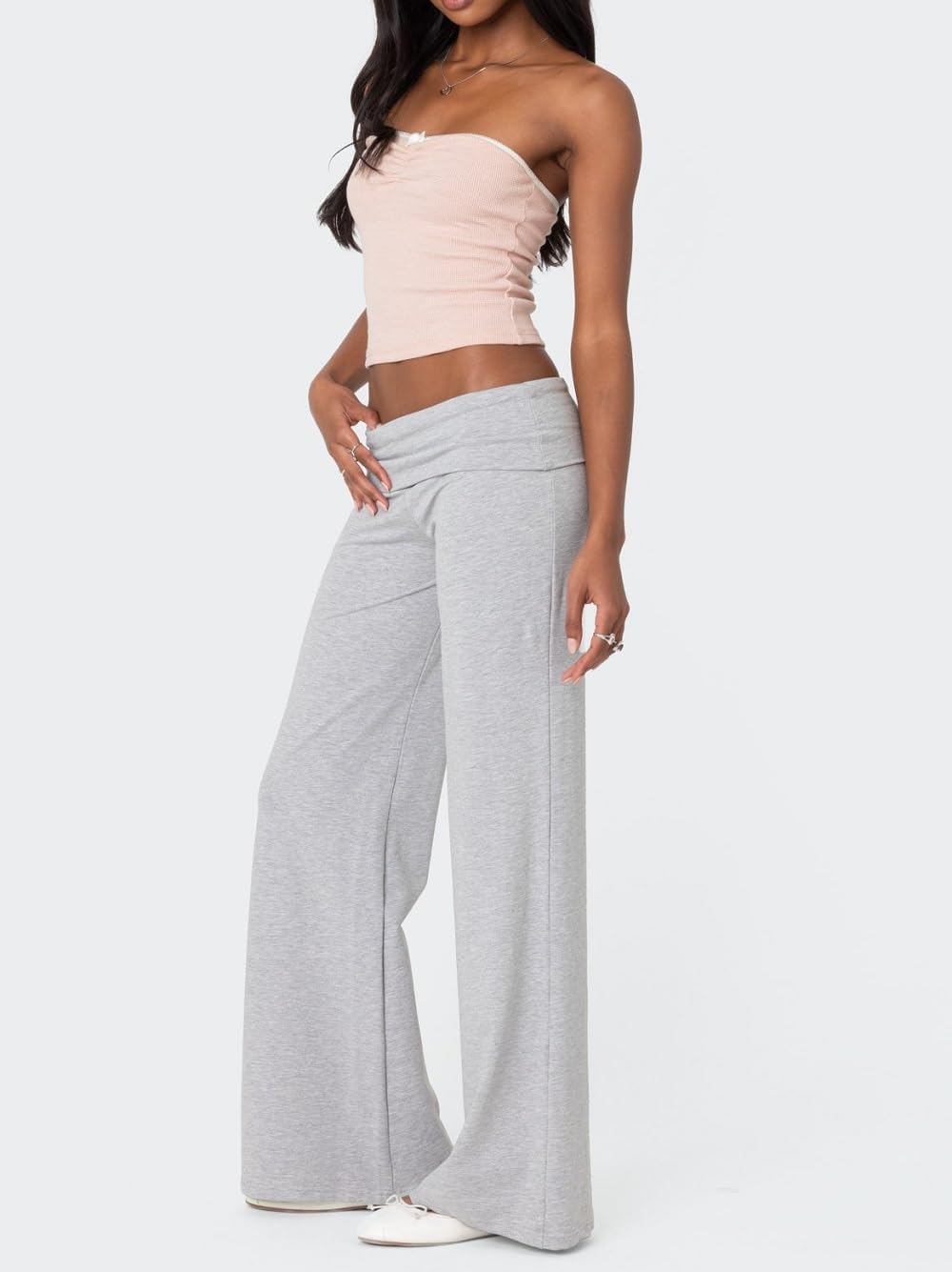 Women Fold Over Yoga Pants Y2K Striped Flared Leggings Low Rise Wide Leg Lounge Pants Stretchy Sweatpants Light Grey - Image 5