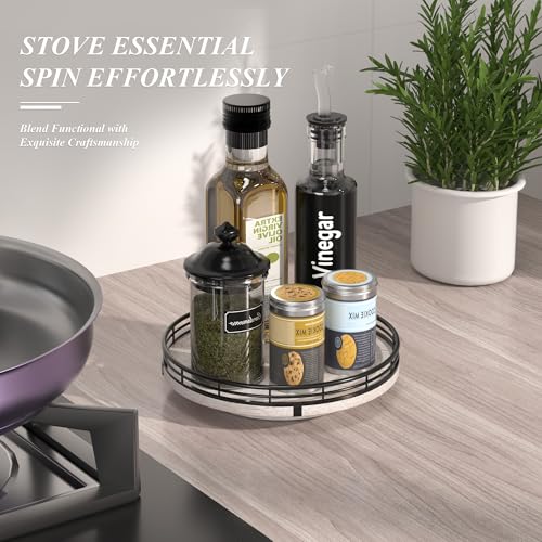 Image of 9 inch Wooden Lazy Susan Organizer for Cabinet, Turntable Round Decorative Tray for Kitchen Sink, Countertop Organizer, Bathroom Counter Organizer for Skincare Makeup, Rustic Whitewashed